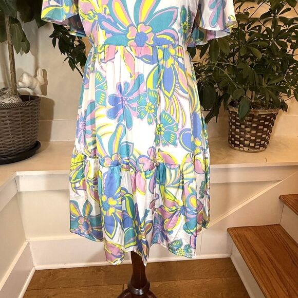 Mittoshop Dress Women Sz.Medium Silky Mini Floral Short Puff Sleeve Smocked - Picture 6 of 10